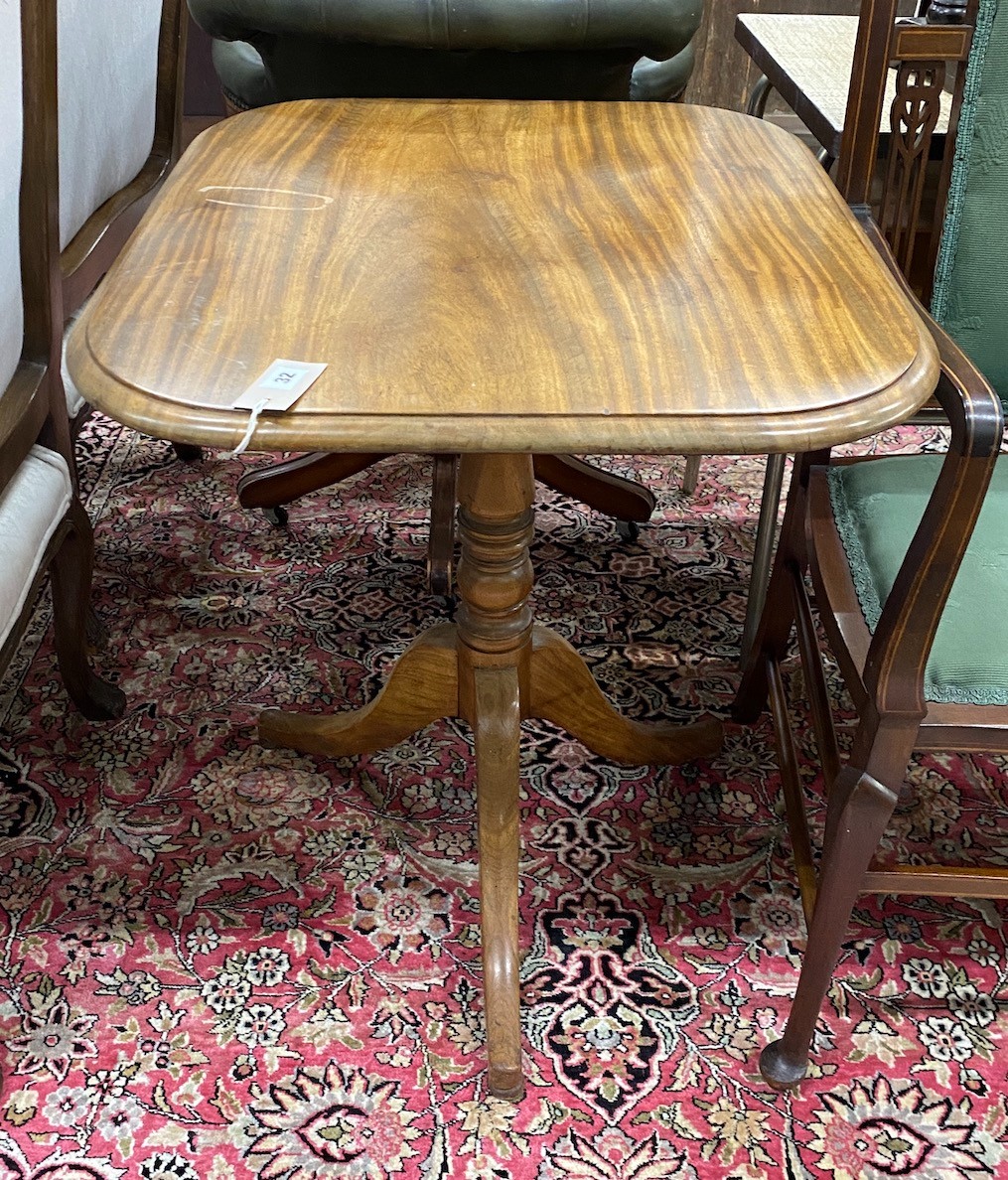 A Victorian rectangular mahogany tilt-top tripod table, width 70cm, depth 60cm, height 73cm